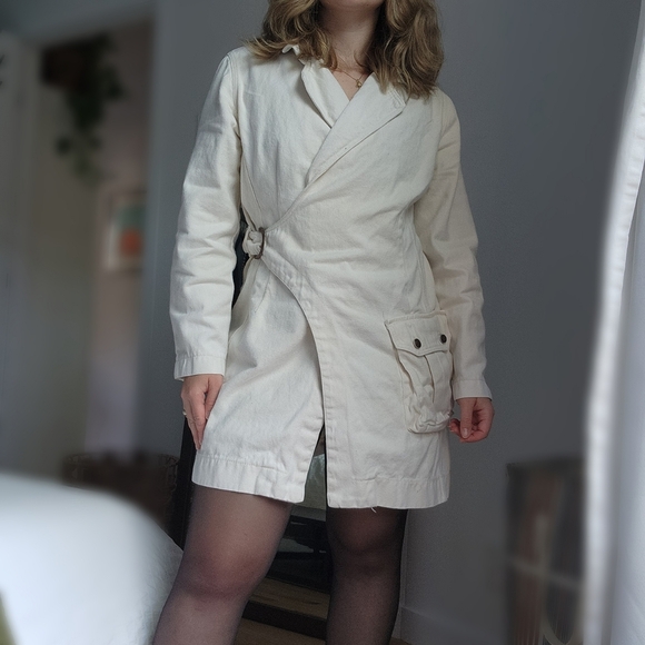 3/50$ ○ BLUES cream denim side buckle trench jacket vintage - Picture 2 of 8